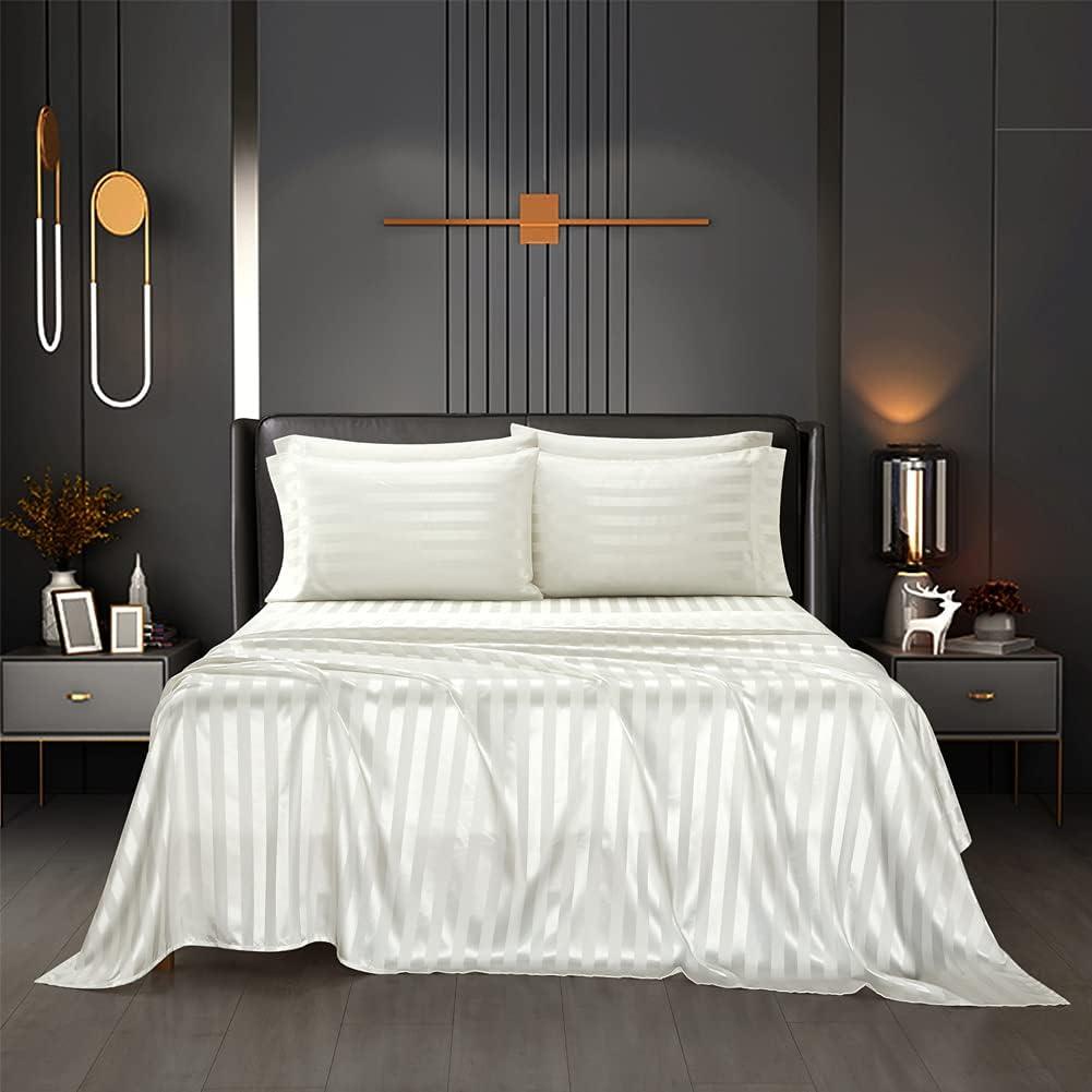 AiMay 6 Piece Satin Italian Style Bed Sheet Set Deep Pocket Striped Super Soft 1800 Luxury 1 Flat Sheet 1 Fitted Sheet 4 Envelope Pillowcases Stain-Resistant Wrinkle Free (California King, Off White)