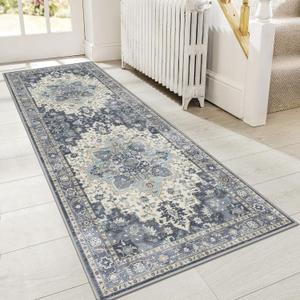 GENIMO 2x7 Runner Rugs for Hallway, Machine Washable Non Slip Vintage Rugs, Low Pile Lightweight Soft Print Rug for enrtyway, Corridor, Home Office, Kitchen, Center Blue