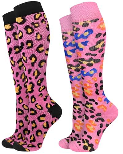 JMHACHY 2Packs Compression Socks for Women - 15-20 mmHg Graduated Support for Circulation, Knee High for Nurses, Athletes, Travel, Leopard Print, S/M