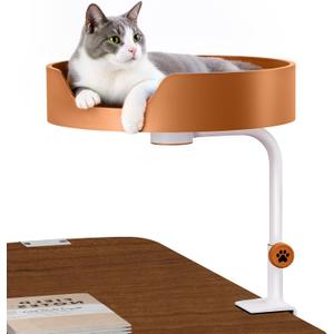 Cat Desk Bed Large Perch Nest with Teaser Easy Install,Space Saving Mount Design,Sturdy Frame,Removable Cushion,Clamp Desktop Attachment Hammock for Home Office,Side Table(White and Coffee)