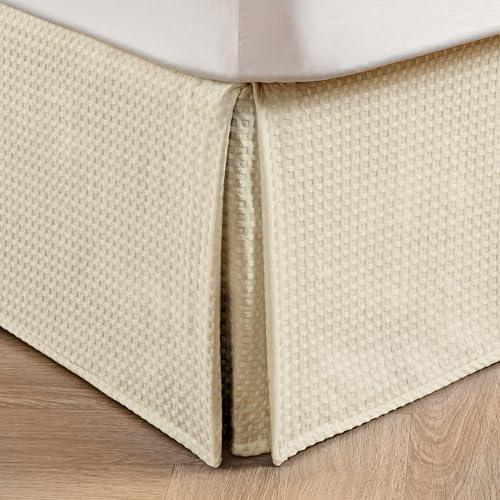 MIYE Pleated Waffle Weave Bed Skirt, Tailored Dust Ruffle 16 Inch Drop Easy Fit, Machine Washable,No Split Corners (Light Beige, Queen - 16" Drop)