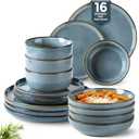 GBHOME 16 Pieces Double Bowls Ceramic Dinnerware Sets for 4, Stoneware Plates and Bowls Set with Reactive Glaze, Scratch Resistant Stoneware Dishes Set, Dishwasher & Microwave Safe (Space Blue)