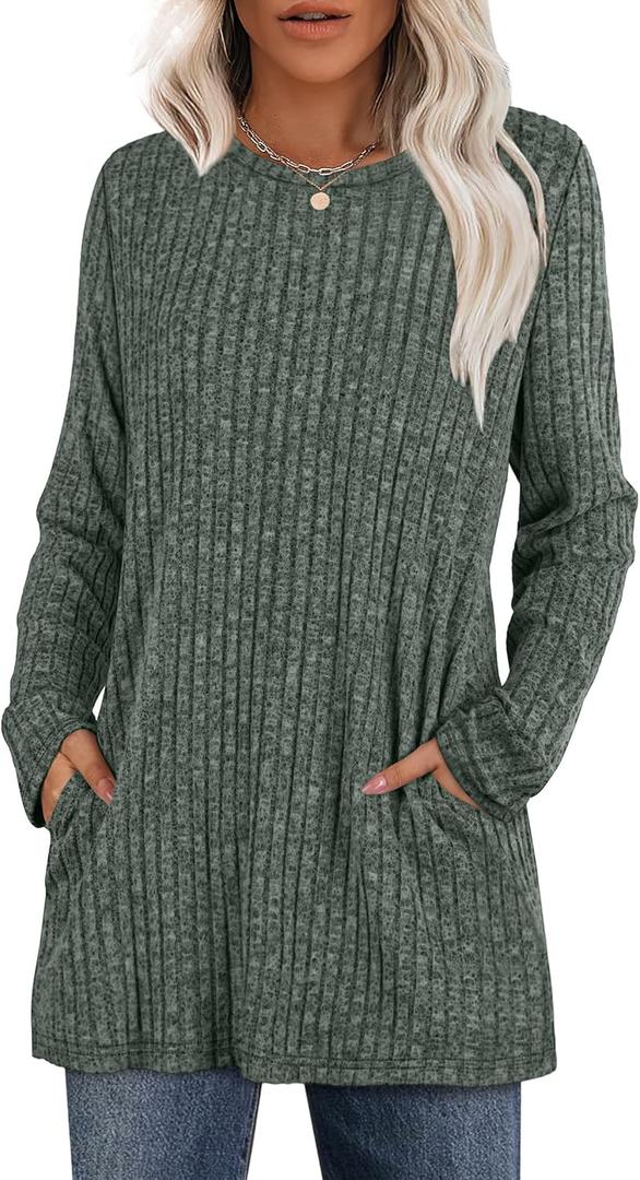 XIEERDUO Long Sleeve Shirts for Women Crewneck Tunic Tops Loose Fit Dressy Womens Sweaters with Pockets Fall Fashion 2025 (XX-Large, Green)