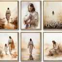 6Pcs Jesus Christian Canvas Wall Art Jesus Embraces the Lamb Jesus Walking On Water Wall Decor Pictures God Jesus Girl Prints Posters for Hallway Church Living Room Bedroom Decoration