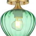 Green Glass Ceiling Light Fixture, 7" Modern Small Semi Flush Mount Ceiling Light with Glass Shade Brushed Gold Lighting Fixtures Ceiling Lamp for Hallway Entryway Foyer Sink Bathroom
