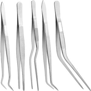 5 Pcs Kitchen Tweezers Cooking Tongs 6.3 Inch Stainless Steel Chef Culinary Tweezers with Non-Slip Grip and Precision Serrated Tips for Cooking, Frying, Plating, Pasta, BBQ, Cookie Decorating