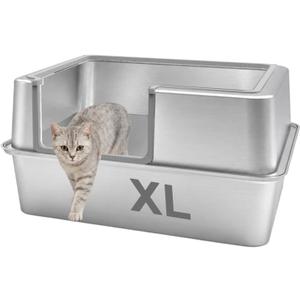 High Sided,XL Stainless Steel Cat Litter Box with Metal Lid,10.24 inch Tall