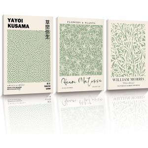 HesenDot Green Botanical Framed Wall Art Set, 12x16in Matisse William Morris Canvas Prints,Minimalist Classic Plants Home Decor for Living Room Bedroom Bathroom Office, Set of 3