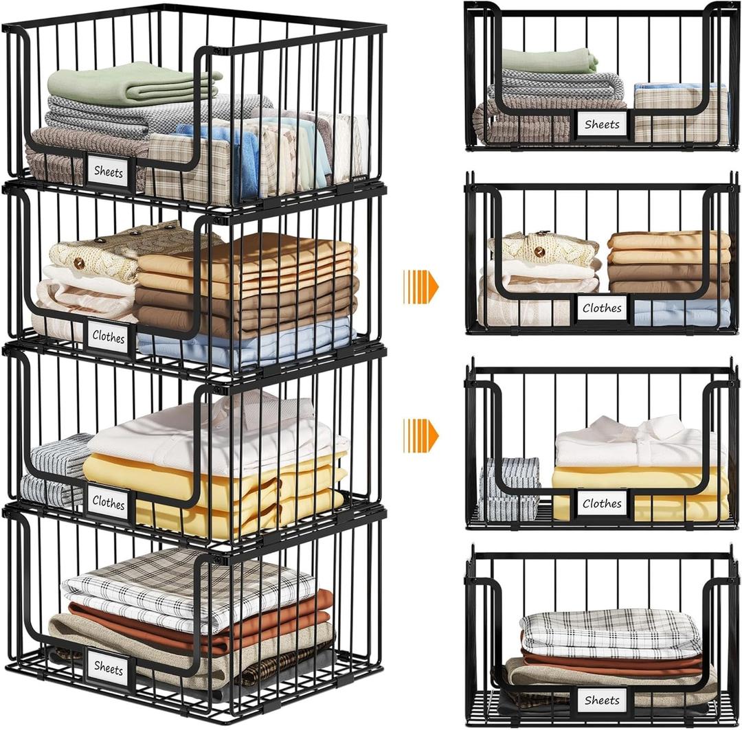 4-Tier Stackable Closet Organizers and Storage, Clothes Shelf Organizer, Foldable Wire Basket Bins, Sweater Storage for Closet and Pantry,11.8" D x 15.7" W, Black