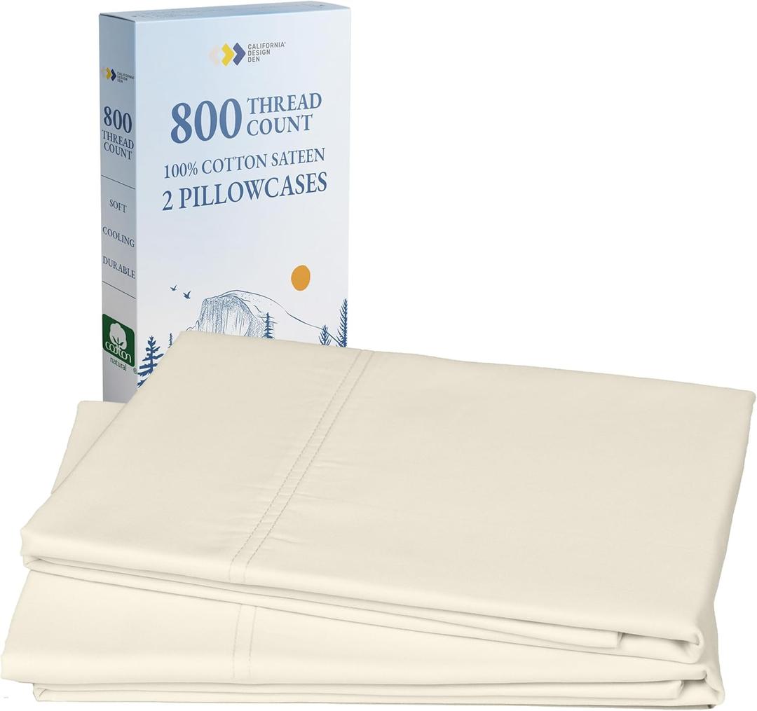 Heirloom Soft, Smooth & Thick Certified 800 Thread Count 100% Cotton Sateen is Superior to Egyptian Cotton Claims, 2 Pillow Cases Standard Size Fits Standard & Queen Size Pillows (Creamy Ivory)