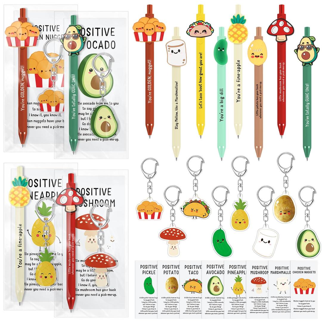 Landical 48 Sets Employee Appreciation Gifts Bulk,Back to School Gifts Positive Pens with Inspirational Keychain and Pun Cards Thank You Gift for Coworker Office Staff Team Student (Smart Snack)