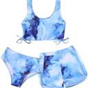 Girl's 3 Piece Bikini Bathing Suit Printed Sport Swimsuits with Shorts Cove Up Sets Teen Girl's Swimwear 13-14 Y