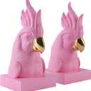 Pink Parrot Decorative Bookends,Set of 2 Cute Bird Animal Sculpture Book Ends to Hold Hevay Duty Books,Unique Resin Statues Book Stopper for Home Office Desk Bookshelf Decor