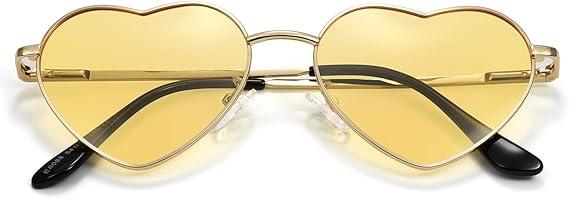 2 x Eiuizah Polarized Heart Sunglasses for Women Men - Cute Trendy Sun Glasses Metal Frame UV400 Protection Lens, Gold Frame/Yellow Lenses