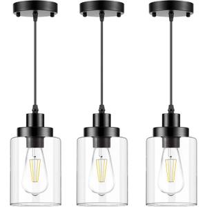 Industrial Pendant Lighting, Modern Clear Glass Shade Farmhouse Adjustable Hanging Light Fixtures for Kitchen Island Living Room Bedroom Hallway, 3-Pack (Black)