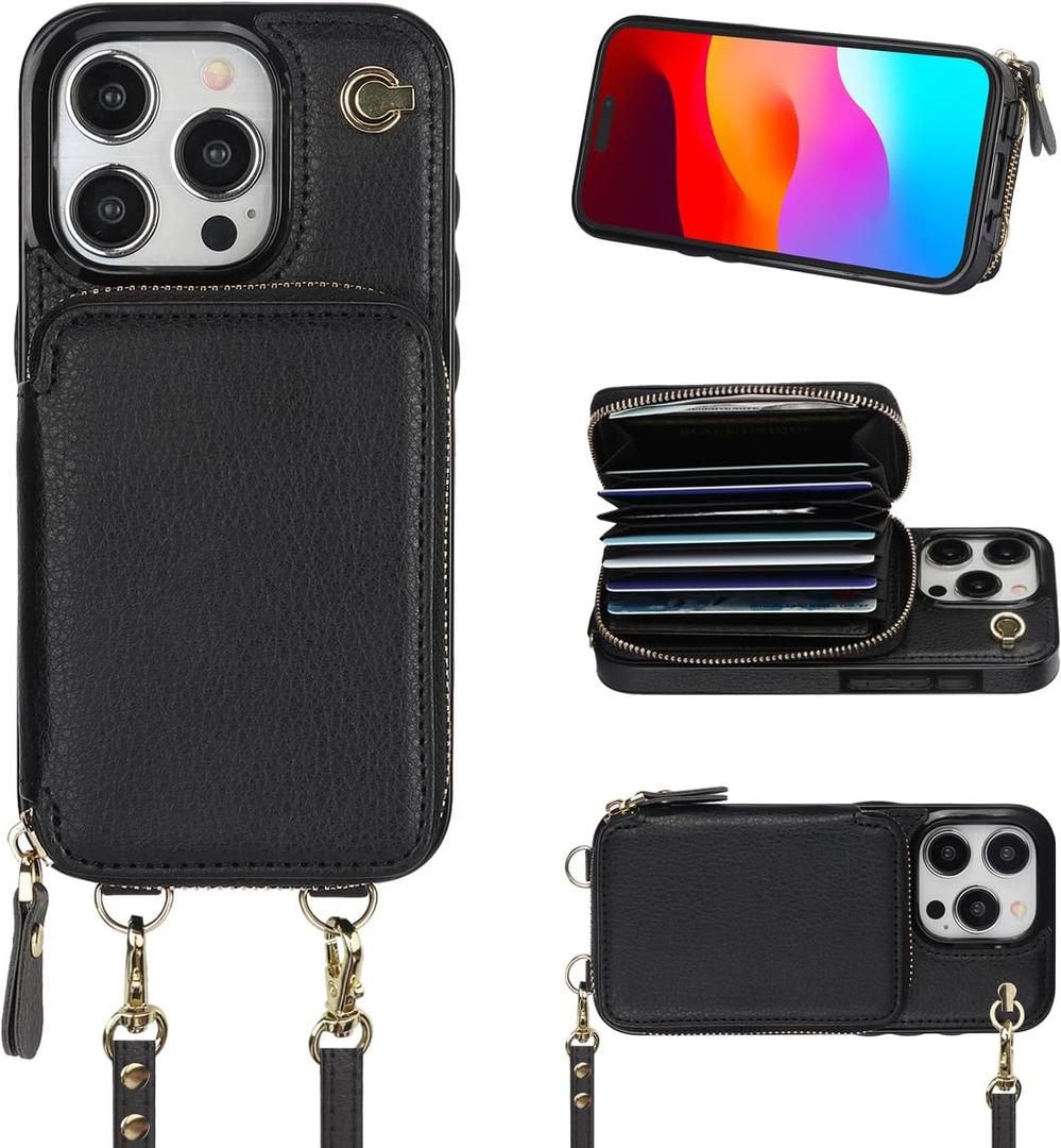 Bocasal Crossbody Wallet Case for iPhone 15 Pro, RFID Blocking Leather Purse Case with Card Holder, Protective Handbag Flip Cover with Zipper Wrist Strap Lanyard for Women 5G 6.1 Inch (Black)