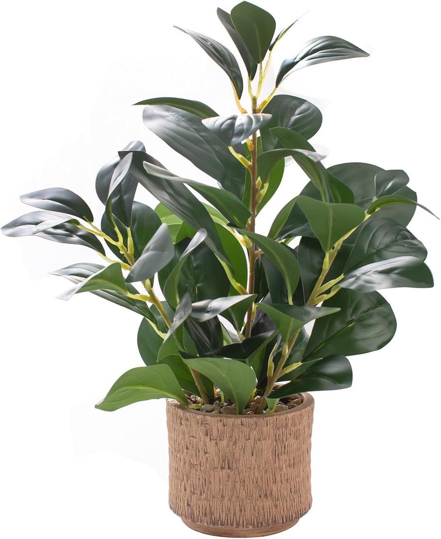 12.6" Fake Plants in Brown Ceramic Vase Real Looking and Touching Evergreen Ficus Leaf Faux Plant Indoor for Book Shelf Bathroom Office Desk Kitchen Counter Bedroom Small Space Artificial Plant Decor (Plant B)