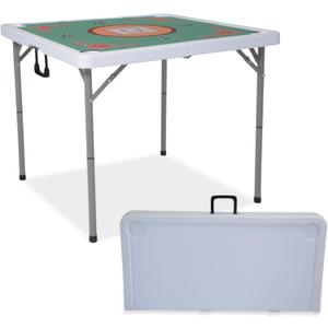35" Square Mahjong Table, 4 Player Portable Folding Card Table with Green Tabletop & 4 Cup Holders, Durable HDPE Material, Removable Legs for Easy Storage, White