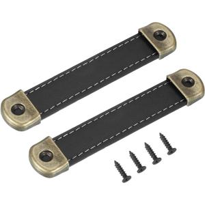 PATIKIL 4.4" Leather Drawer Pulls with Iron Sheet, 2 Pcs Leather Strap Trunk Handle Cabinet Knobs Hardware Replacement with 18mm Screws for Dresser Door Suitcase Luggage, Black