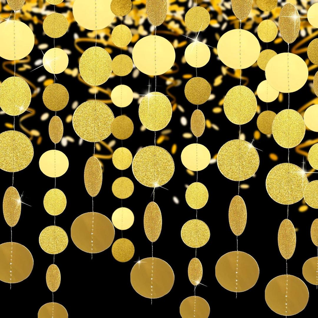 Syhood 10 Pcs 10 Pcs Party Decorations Circle Dot Garland 131 ft Glitter Streamers Hanging Decor for Birthday Wedding Christmas New Year Thanksgiving Party Backdrop Banner(Gold)