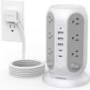 Tower Power Strip with Individual Switches, TESSAN Surge Protector with 12 Outlets, 5 USB Ports(2 USB C), Flat Extension Cord 10 Ft, Flat Plug, Charging Station for Multiple Devices, for Office, Dorm (Grey)