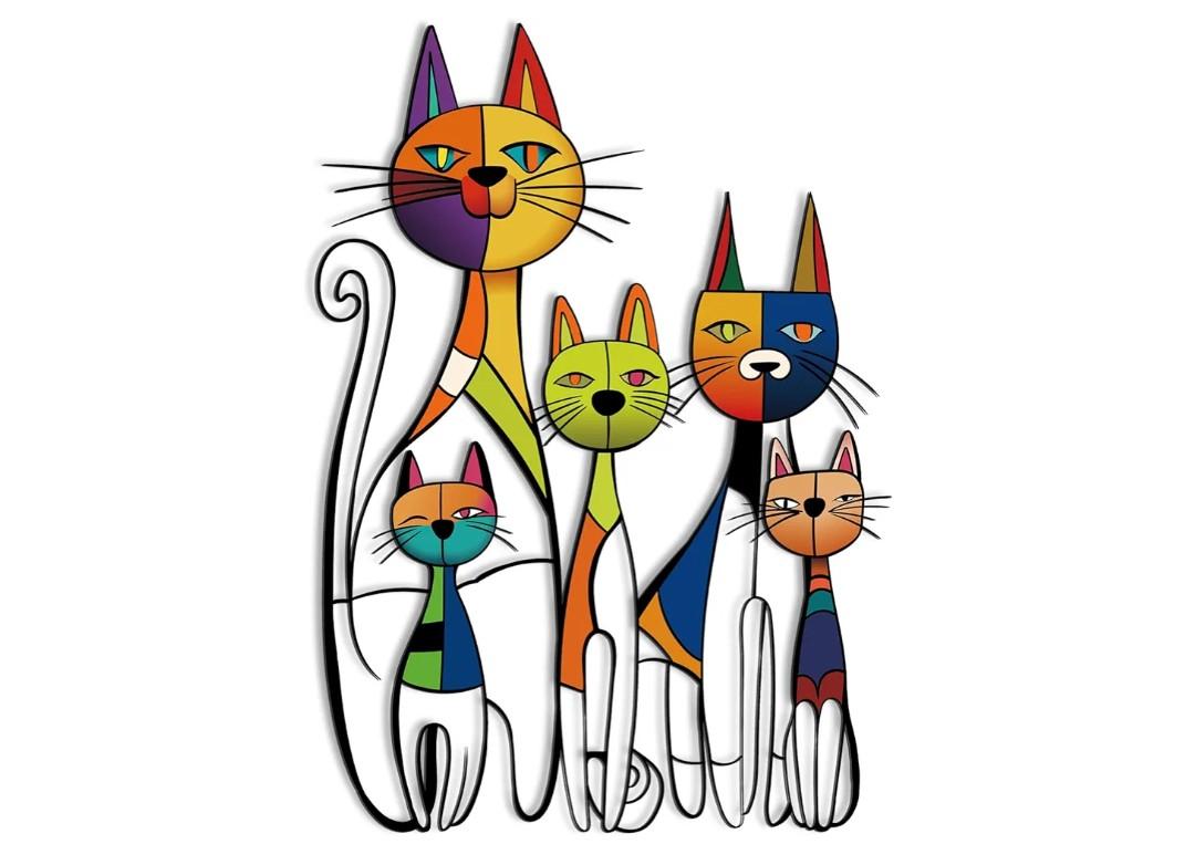 Wesiti Cat Wall Art Decor Iron Wall Sculptures Decor for Cats Lover 10.6 x 15.7 Inches Colorful Mid Century Cat Retro Signs for Home Living Room Bedroom Kitchen Office(Glamorous)