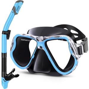 Greatever Dry Snorkel Set,Panoramic Wide View Anti-Fog Scuba Diving Mask,Professional Snorkeling Gear for Adults Kids (Small, Black Sky Blue)