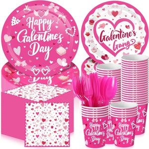 Havawish 192 Pcs Galentine's Day Plates and Napkins Party Supplies Galentine's Day Heart Disposable Tableware Dessert Plates Paper Napkins Cups Plastic Fork Set for Party 24 Guests(Pink,Cute)