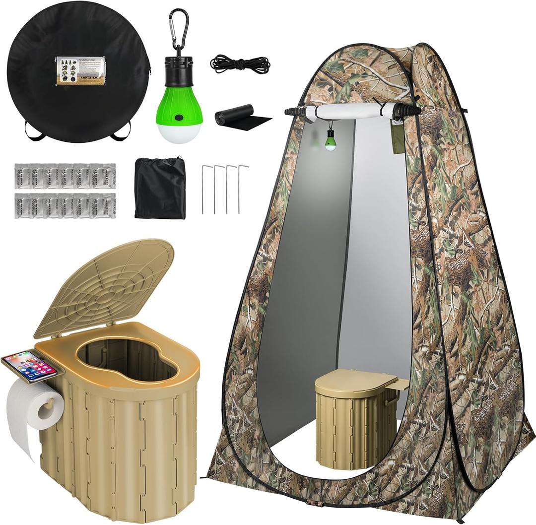 Portable Camping Toilet with Pop-Up Privacy Tent, 12-inch Toilet Seat, Outdoor Portable Folding Toilet Potty for Adults Load Capacity of 400 Lbs, LED-Light Camping Bathroom