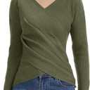 Wrap Criss Cross Sweater for Women, V Neck Ruched Pullover Off Shoulder Long Sleeve Fashion Fall Casual Tops Military Green, XL