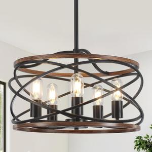 19.7'' Farmhouse Industrial Chandelier for Dining Room - 5-Light Rustic Black and Brown Metal Wood Texture Drum Chandeliers Hanging Light Fixture for Entryway Kitchen Foyer Bedroom Living Room