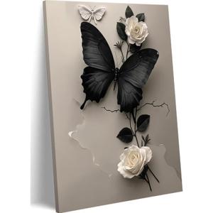 Black Butterfly and White Flower Canvas Wall Art Plant Abstract Texture Picture Butterfly Poster Print Minimalist Painting Decoration For Living Room Bathroom Dining Room Office (12 * 16in Framed)