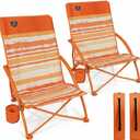 2 Pack Low Beach Chair,Folding Recliner Camping Chair for Adults,Lightweight Backpacking Low Seat Camping Chairs with Cup Holder,Carry Bag for Outdoor Camp Picnic Festival,Orange Strip