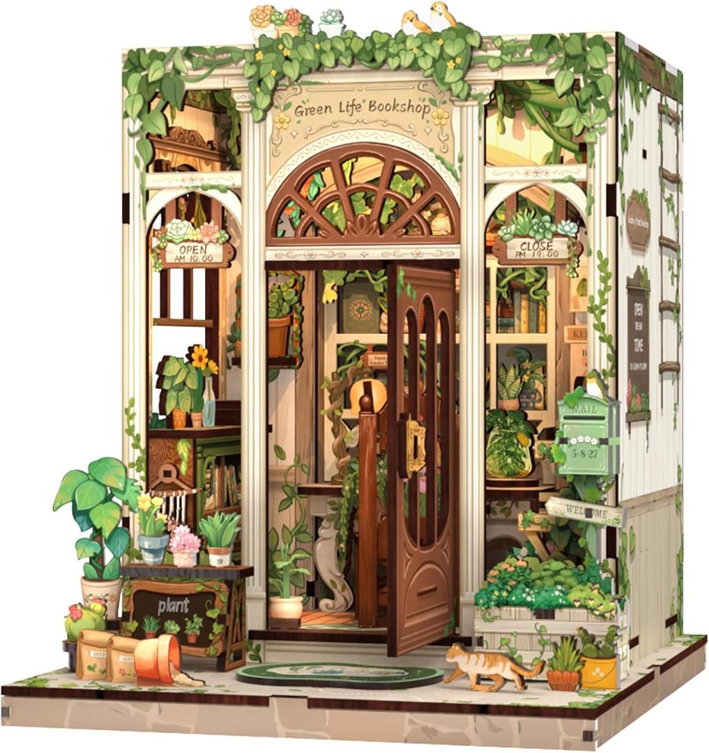 Fsolis Book Nook Kit, 3D Wooden Puzzles for Adults, 196 pcs, DIY Miniature Puzzle Room Kit Tiny House Bookshelf Decor Gifts for Women Teenagers Book Lovers (Green Life's Bookshop)