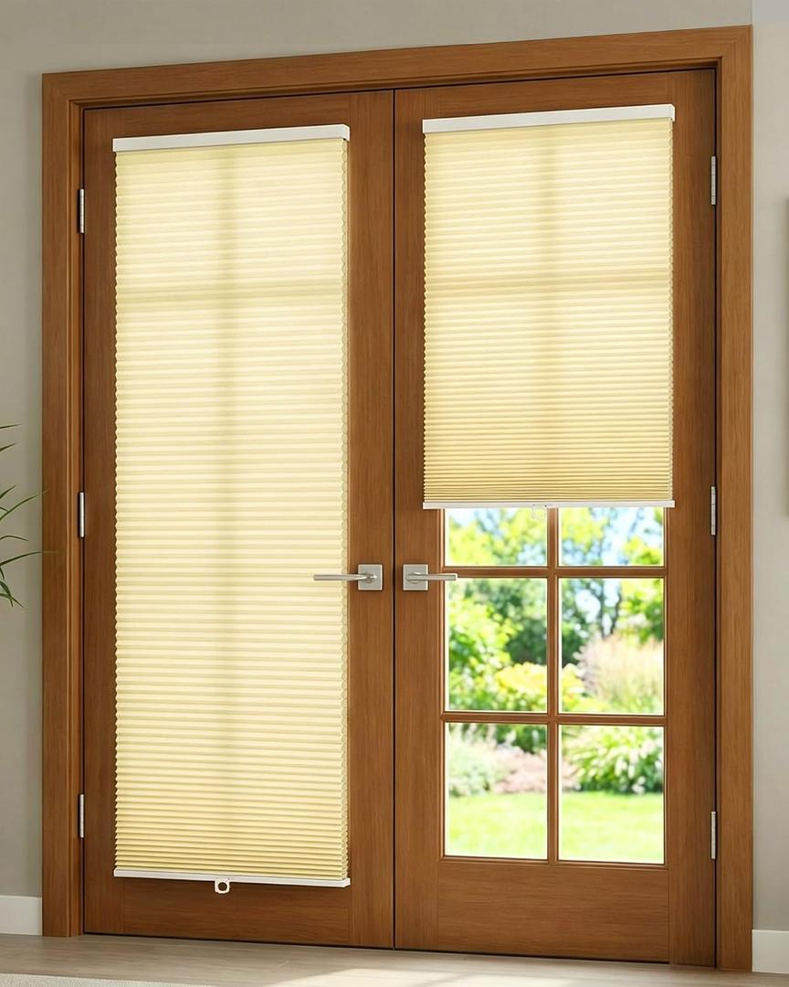 No Drill Cellular Shades for French Doors, Cordless Light Filtering Honeycomb Shades for Patio Door Privacy, Install with Adhesive Foam Tape OR Drillable Mount, 1 Pack, 24" W x 70" H, Beige