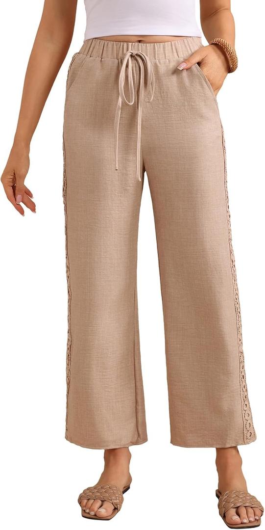 Women's Lace Wide Leg Linen Pants Drawstring High Waisted Dressy Casual Trousers with Pockets (Khaki, L)