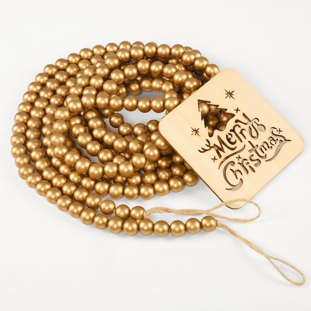 Christmas Wooden Bead Garland, 12 Feet Gold Wood Bead Garland, Christmas Tree Farmhouse Decorations for Xmas Holiday Favors, Fireplace Wall Hanging Bead Ornament