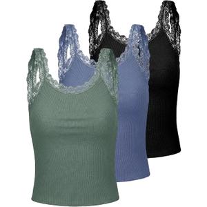 Sintege 3 Pcs Women's Lace Patchwork Tank Top Lace Camisole Tank Sleeveless Cami Crop Y2k Tops (Small,Gray-Blue,Gray-Green,Black)