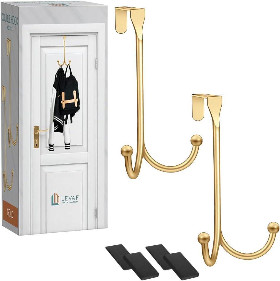2-Pack Over The Door Hooks - with 2 Hang Heads & Snug Fit Pads Heavy Duty Hook for Hanging Coats, Towels, Caps & Robes - Elegant Matt Finish - No Drill Hanger Organizer - Gold