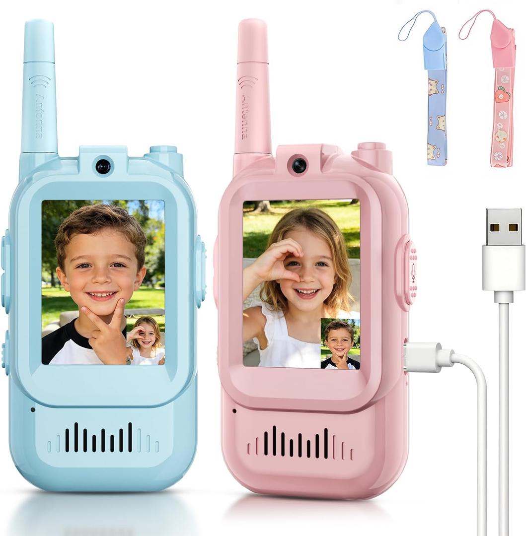 Video Walkie Talkies for Kids Ages 3-12, 2 Pack Rechargeable Video Intercom Toys with Camera, Indoor Outdoor Adventure Games for Family Camping Hiking Birthday Gifts for Boys Girls (Blue/Pink)