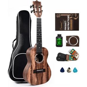 Caramel Concert Ukulele, CC207-23 inch KOA Acacia Wood Ukelele for Adults Beginners Kit with Carbon String, Digital Tuner, Strap (23" Concert, Dark Acacia)