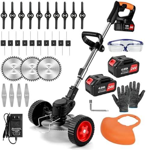Electric Weed Wacker Cordless,24v Weed Eater Battery Powered 3 In 1 Lightweight Grass Trimmer With 2 4.0 Ah Batteries & Charger, Weed Eater With Blade & Wheels For Women,Lawn Care,Garden,Yard (Orange)