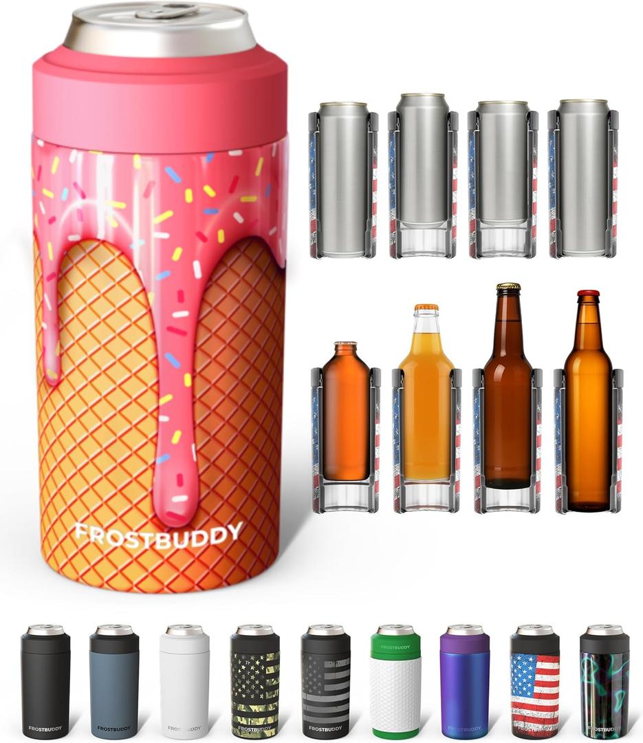Frost Buddy Universal Buddy Can Cooler - Fits All - For Regular 12 & 16 oz or Slim-Size Bottles - Insulated Double-Walled Stainless Steel (Ice Cream)