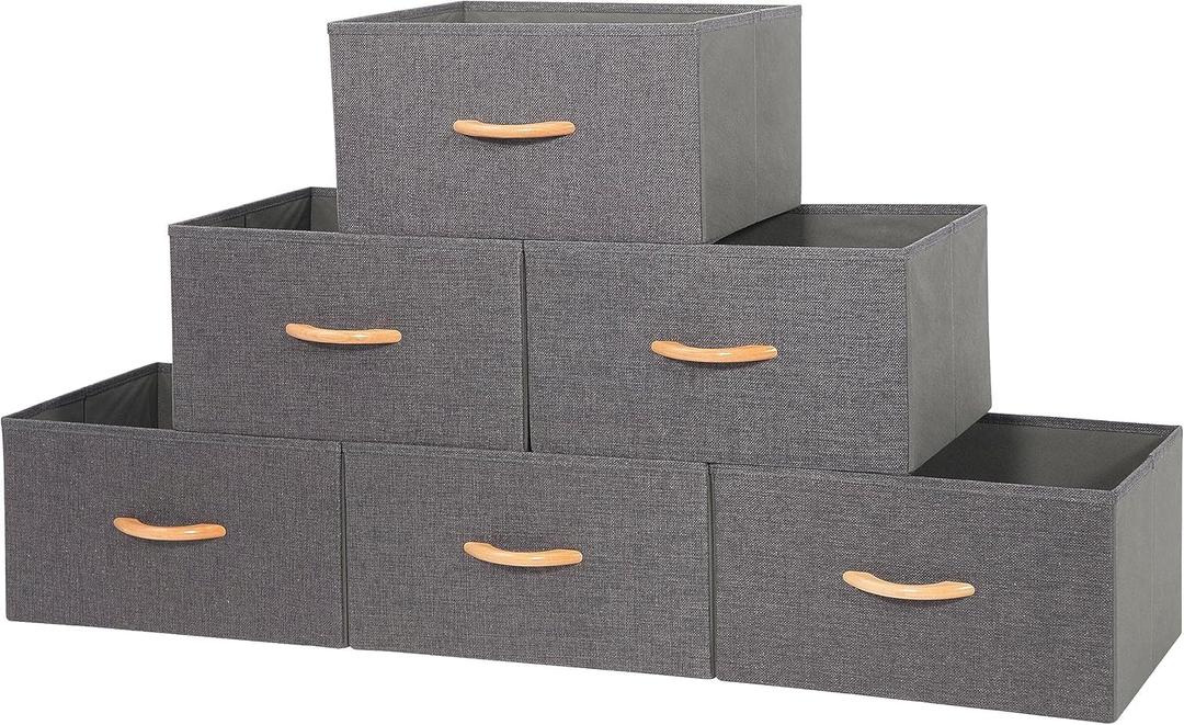 Large Storage Bins, Foldable Storage Baskets with Wooden Handles, Fabric Clothes Storage Boxes for Shelves for Organizing Closet Shelf Nursery, Grey 6-Pack