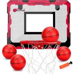 Indoor Mini Basketball Hoop Set Gift for Kids Adults, Upgrade Over Door Hoop with 4 Rubber 6" Balls, Wall Mount Hoop for Bedroom Yard, Christmas Stocking Stuffer Gift for Boys Teen (Red)
