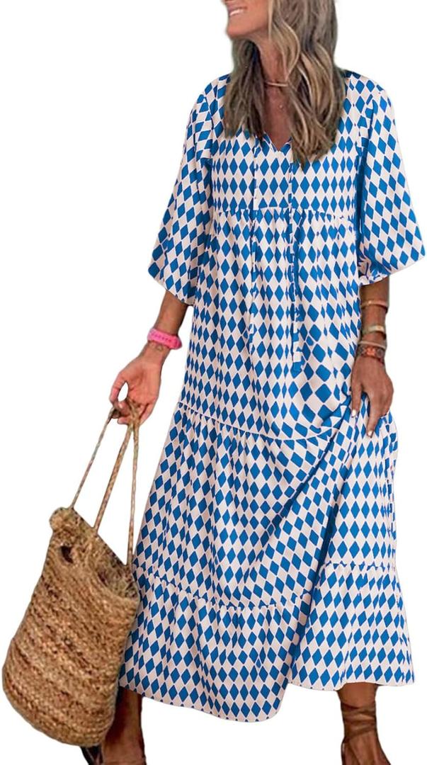Dokotoo Women Boho Maxi Dresses 2026 V Neck Long Puff Sleeve Smocked Ruffle Flowy Casual Dress (Blue, S)