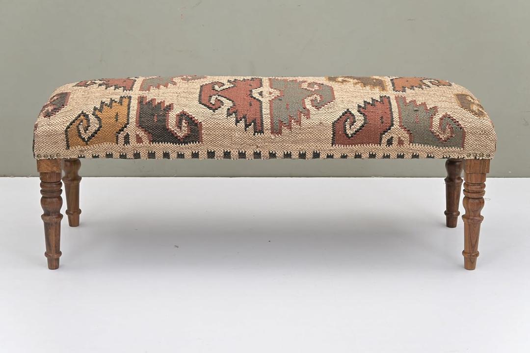 Acacia Wood Kilim Jute Fabric Decorative Upholstered Bench | Southwestern Pattern Wooden Ottoman with Turned KD Legs for Living Room, Bedroom, End of Bed, Hallway & Entryway