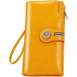 VANNANBA Large Capacity Clutch Wallet For Women RFID Blocking Waxed Genuine Leather Zipper Wallet Ladies Card holder (Yellow)