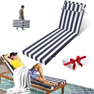 Outdoor Chaise Lounge Cushion, Waterproof Lounge Chair Cushions, 3 in High-Density Sponge Patio Furniture Chaise Replacement Cushions with Headres for Lawn Pool (Navy Blue White Stripes, 1PCS)