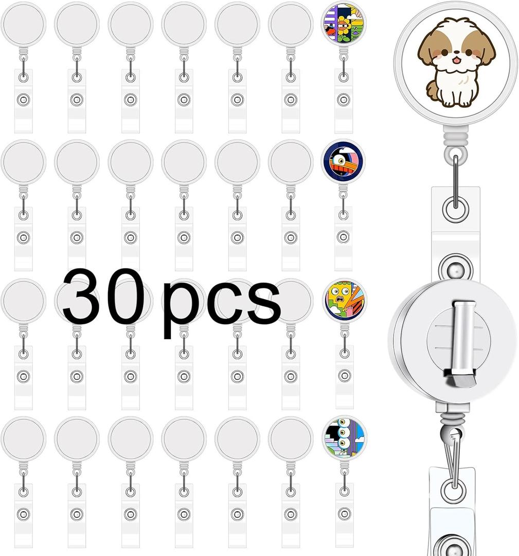 30 Pcs sublimation badge reels Blankdiy badge reel kit sublimation id badge blanks retractable badge reelbadge holder retractable clip for Office Worker Doctor Nurse Key Card Name Tag Holder white